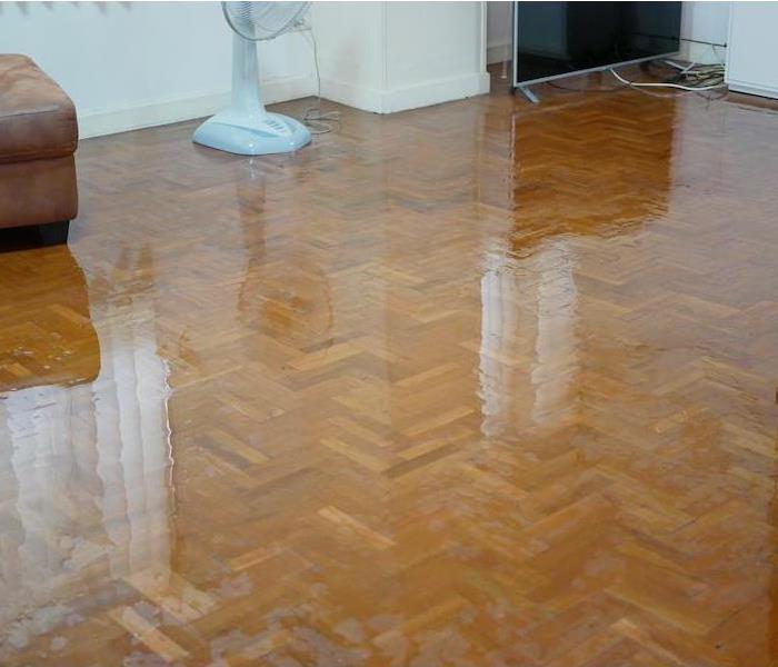 Water spreading on the parquet floor of a house