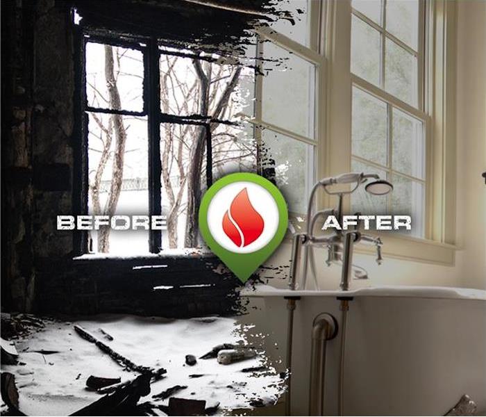 B&A fire damage by tub, snow outside